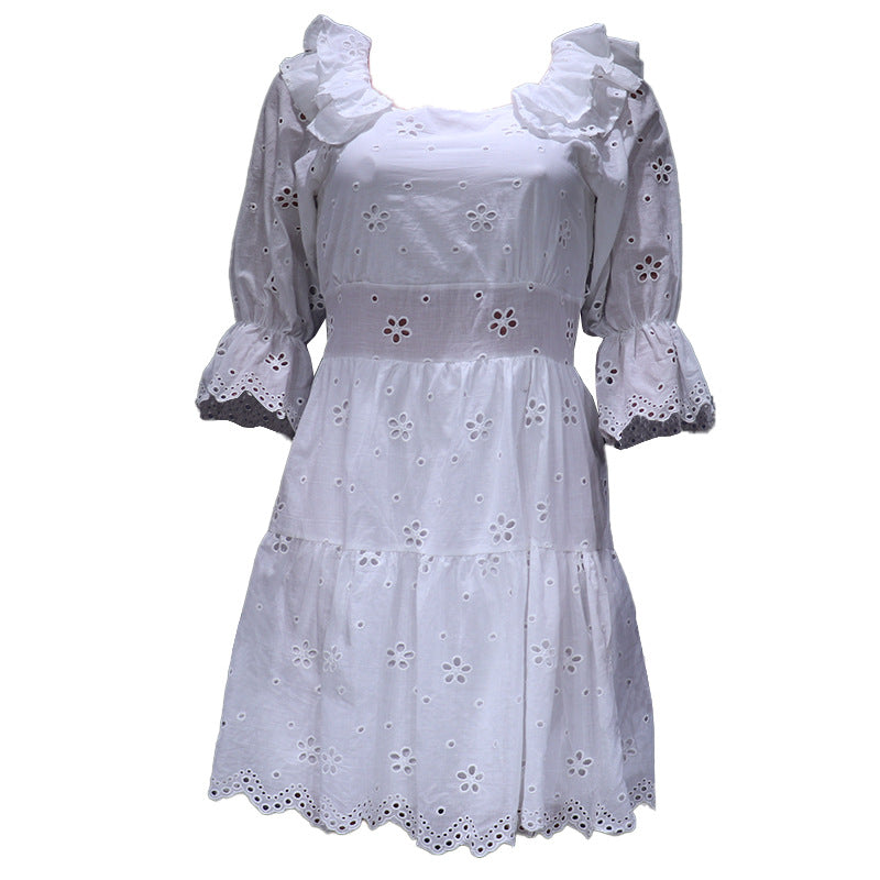 Eyelet Embroidery Puff Sleeve Mini Dress - White