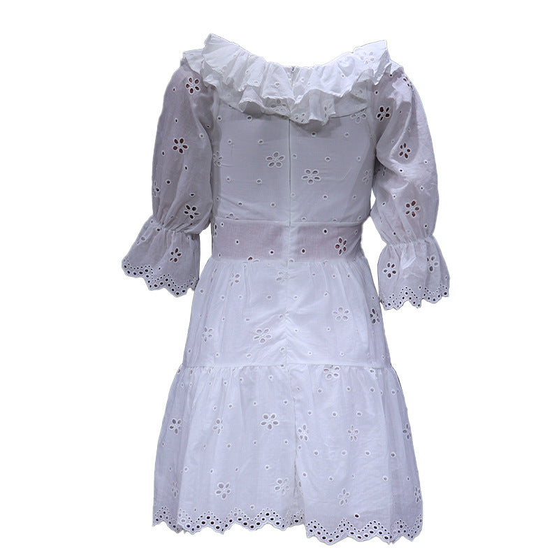 Eyelet Embroidery Puff Sleeve Mini Dress - White - 1