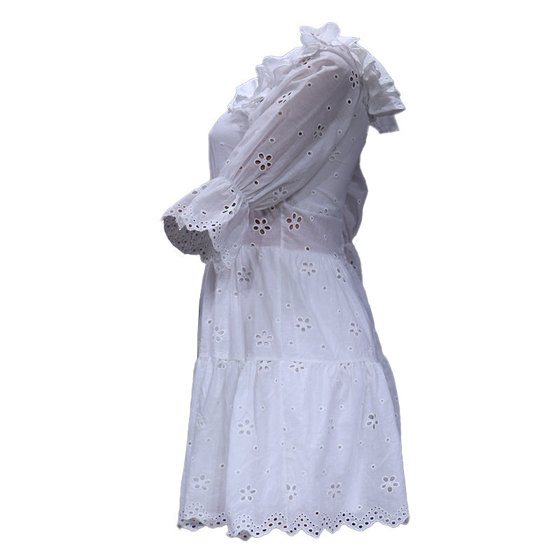 Eyelet Embroidery Puff Sleeve Mini Dress - White - 2
