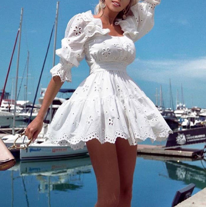 Eyelet Embroidery Puff Sleeve Mini Dress