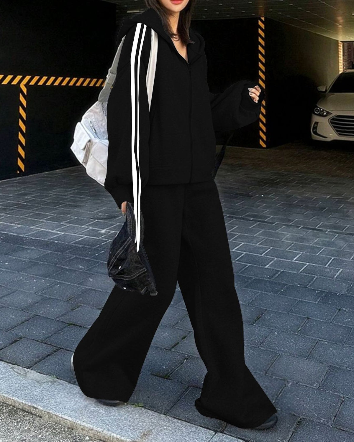 Cropped Zip Hoodie And Wide Leg Set - Black