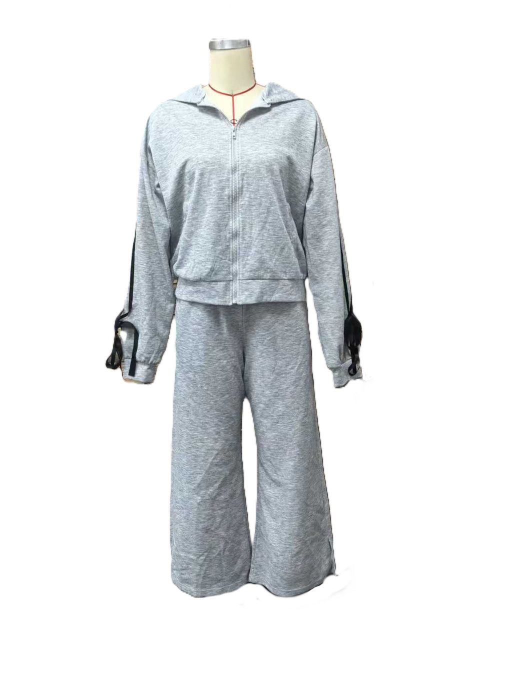 Cropped Zip Hoodie And Wide Leg Set - Grey