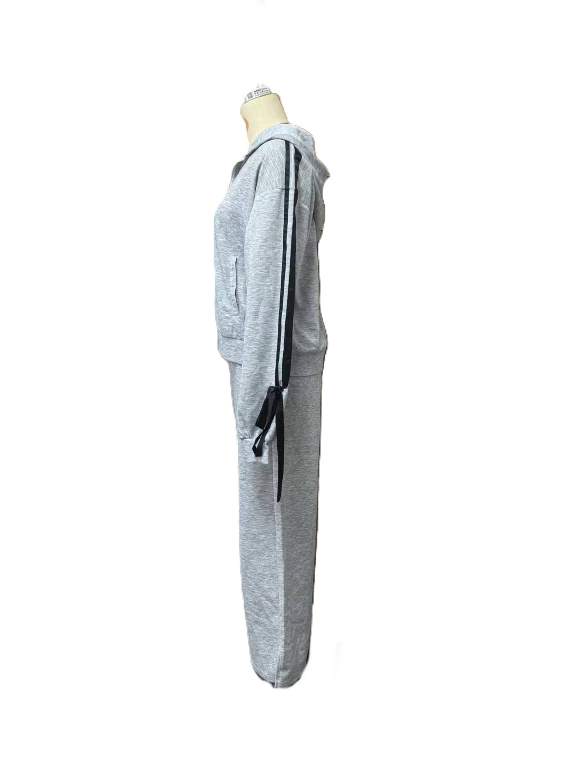 Cropped Zip Hoodie And Wide Leg Set - Grey - 2