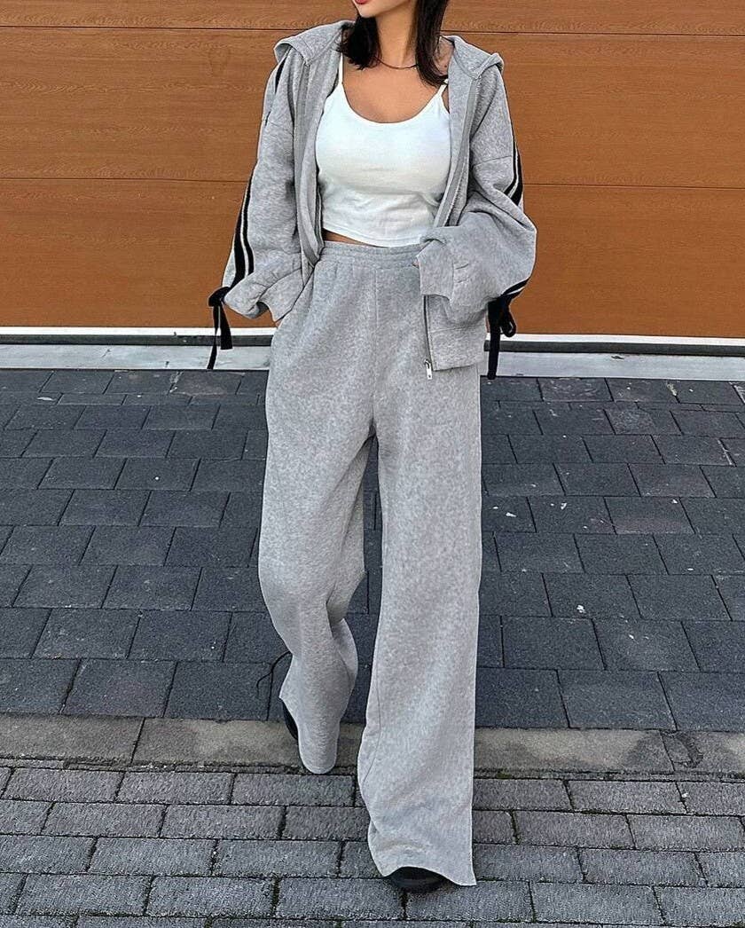 Cropped Zip Hoodie And Wide Leg Set