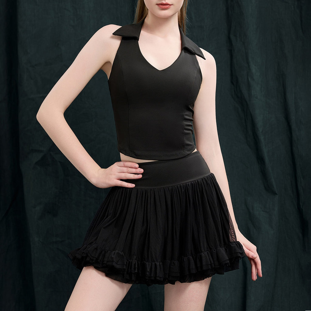 Collared Padded Tennis Tank and Ruffle Mesh Skirt Set - Black