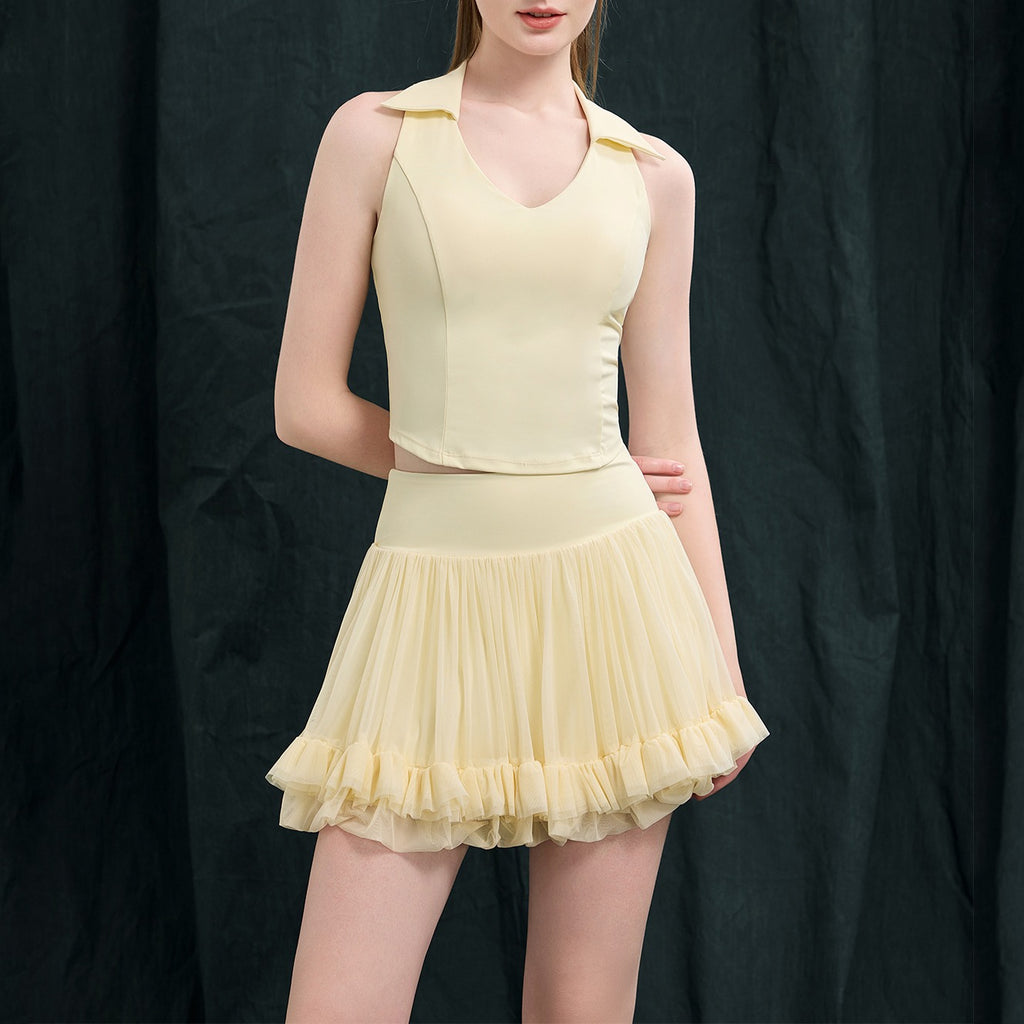 Collared Padded Tennis Tank and Ruffle Mesh Skirt Set - Butter Yellow
