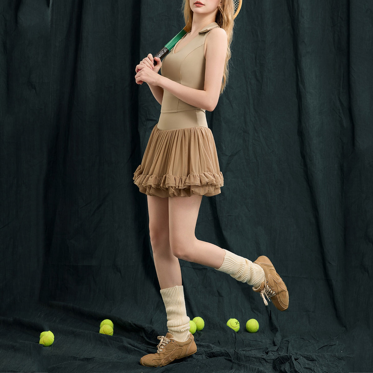 Collared Padded Tennis Tank and Ruffle Mesh Skirt Set - Mocha