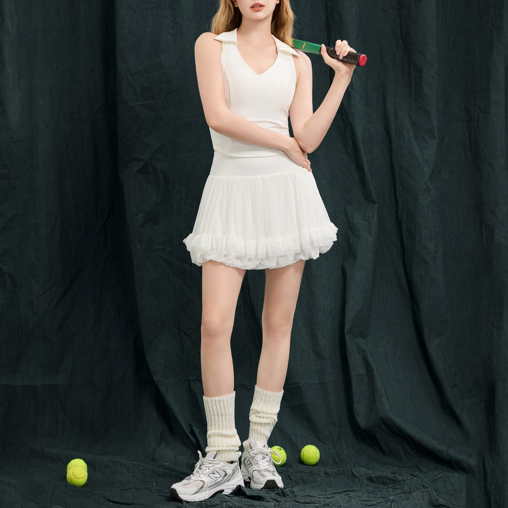 Collared Padded Tennis Tank and Ruffle Mesh Skirt Set