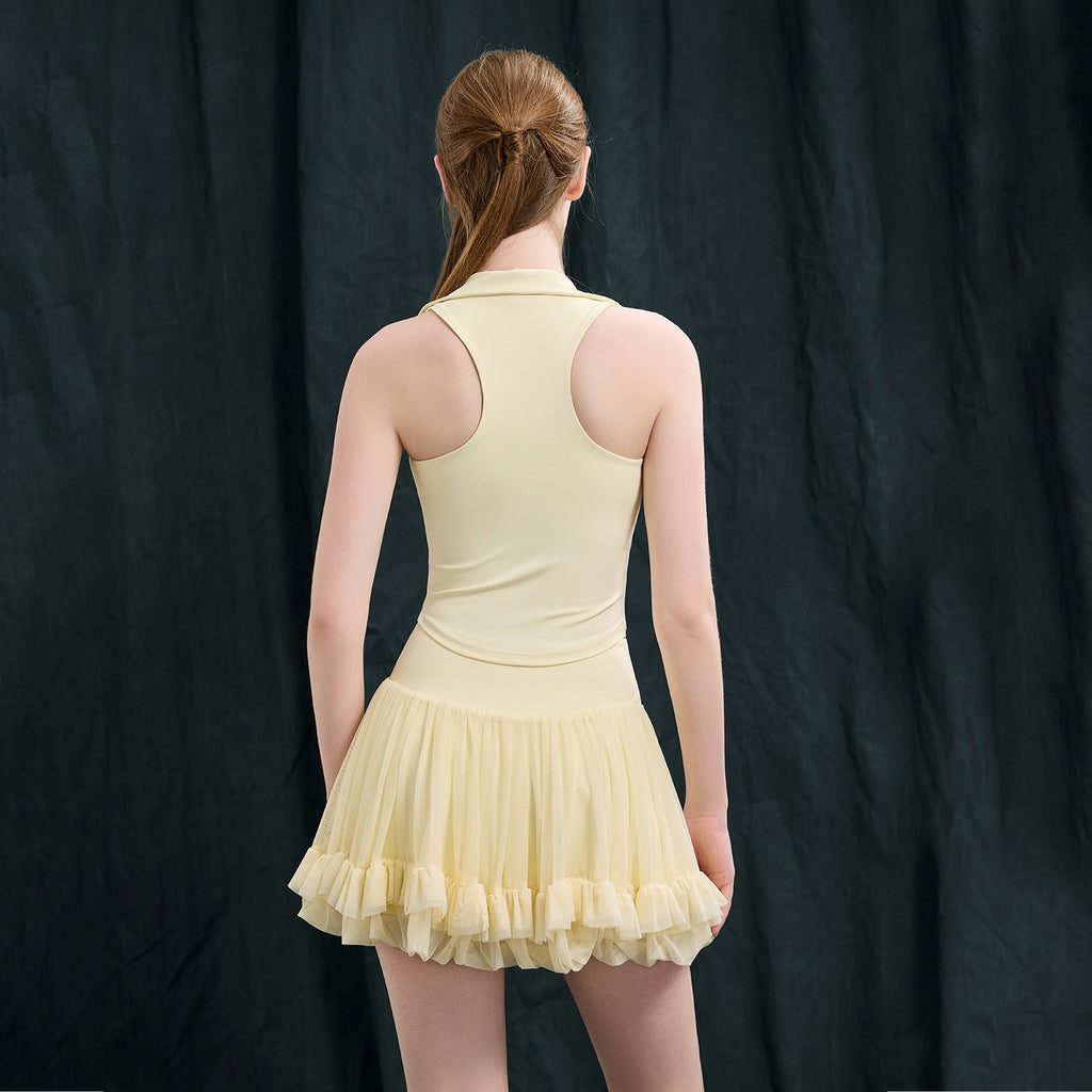 Collared Padded Tennis Tank and Ruffle Mesh Skirt Set