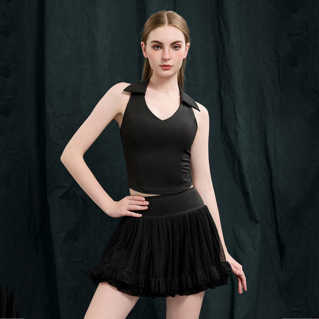 Collared Padded Tennis Tank and Ruffle Mesh Skirt Set