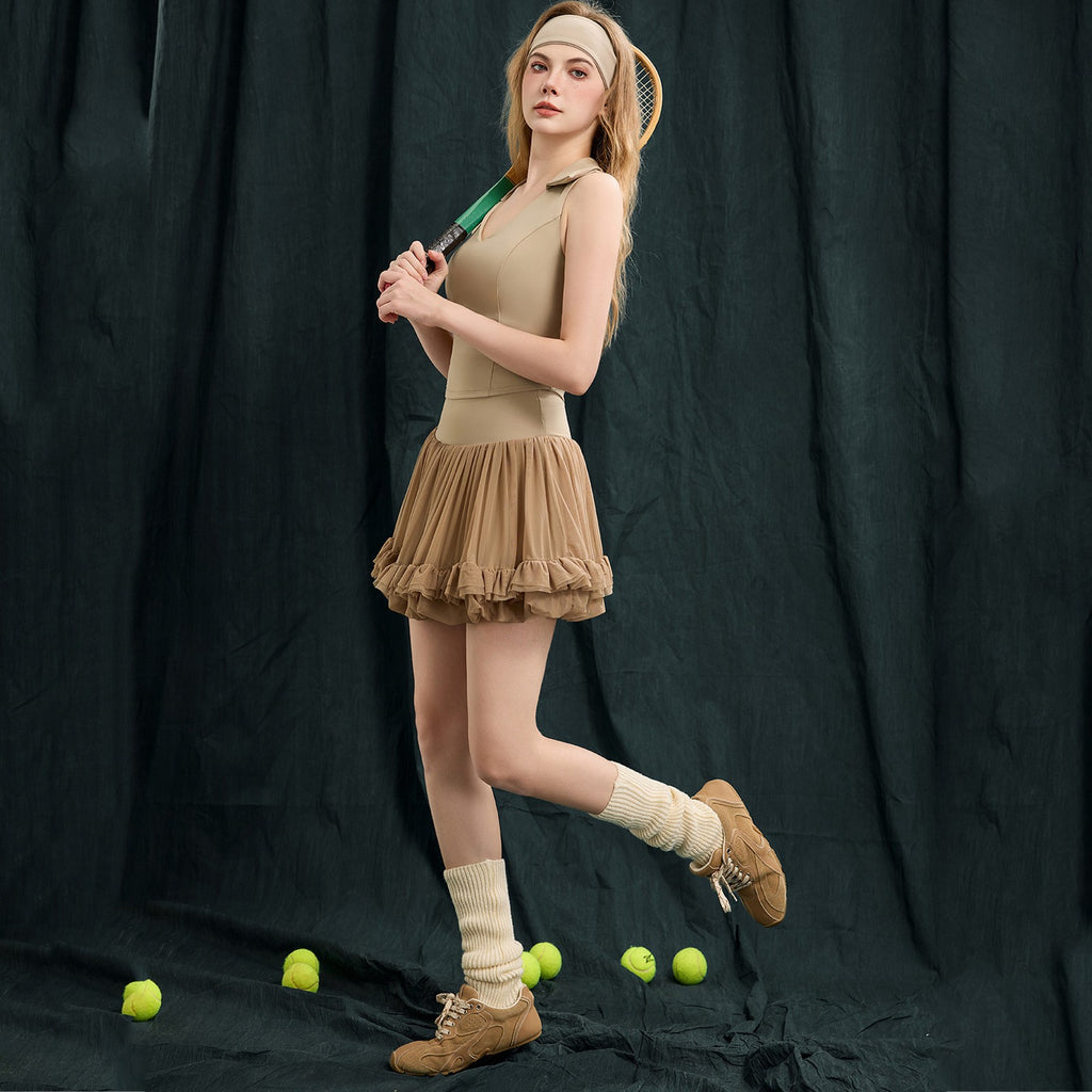 Collared Padded Tennis Tank and Ruffle Mesh Skirt Set
