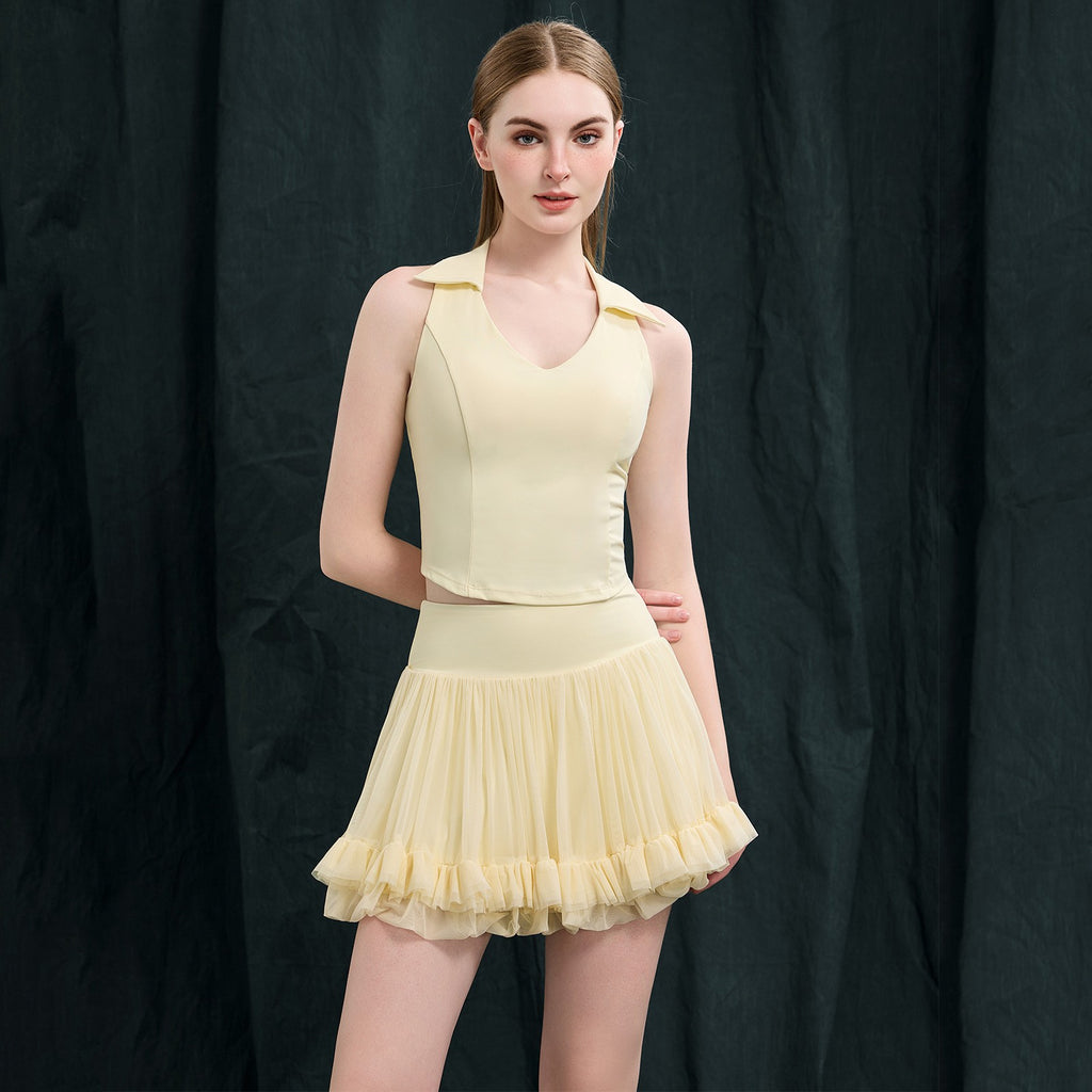 Collared Padded Tennis Tank and Ruffle Mesh Skirt Set