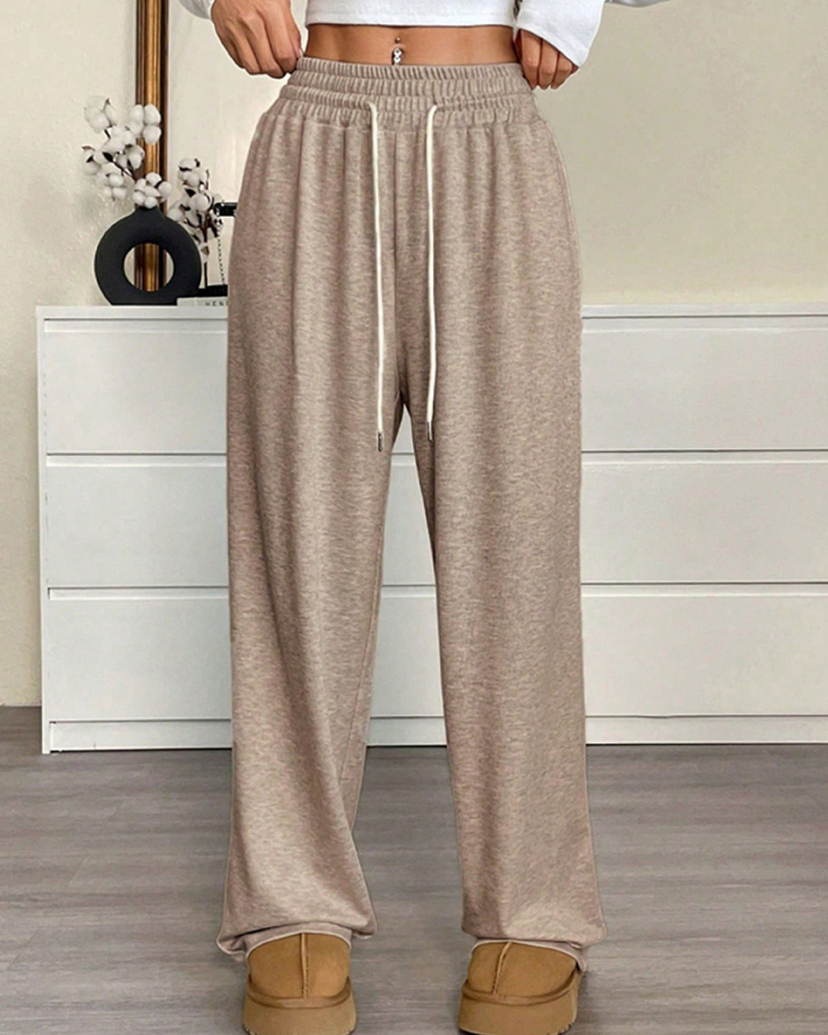High Waisted Wide Leg Lounge Pants - Khaki