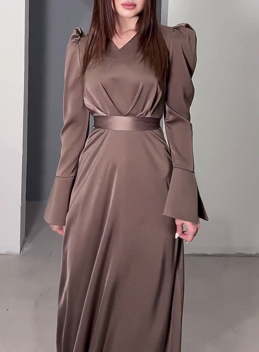 Satin Puff Shoulder Sash Waist Maxi Dress - Coffee