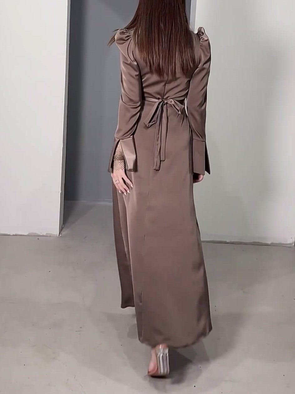 Satin Puff Shoulder Sash Waist Maxi Dress - Coffee - 1