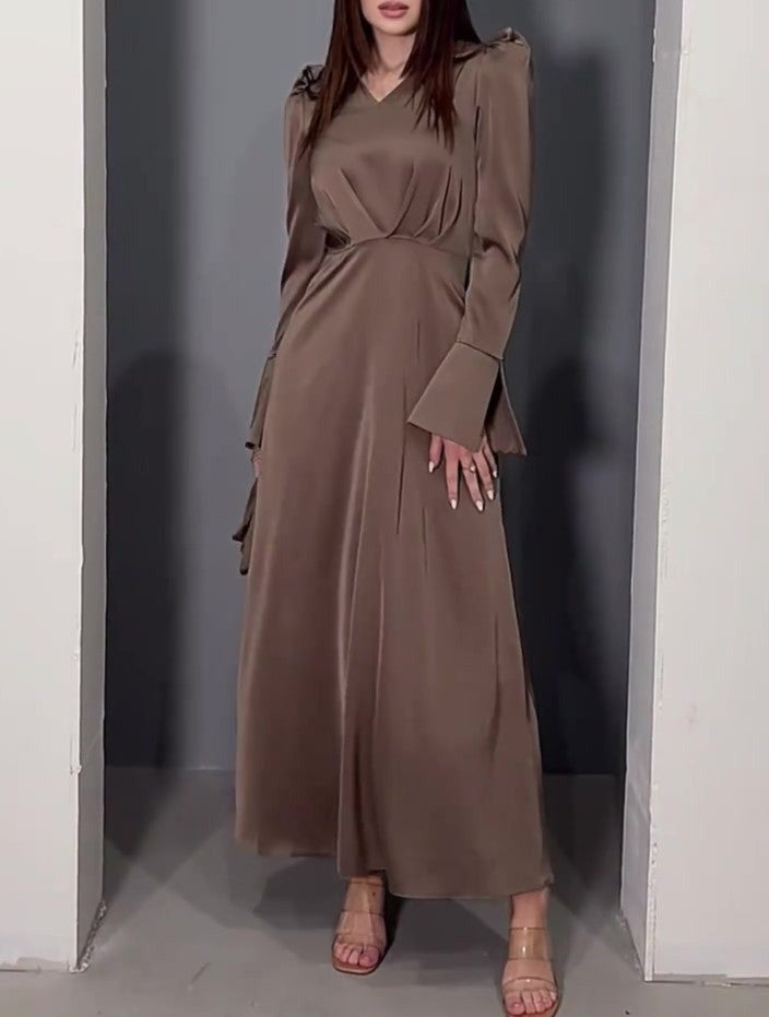 Satin Puff Shoulder Sash Waist Maxi Dress - Coffee - 2