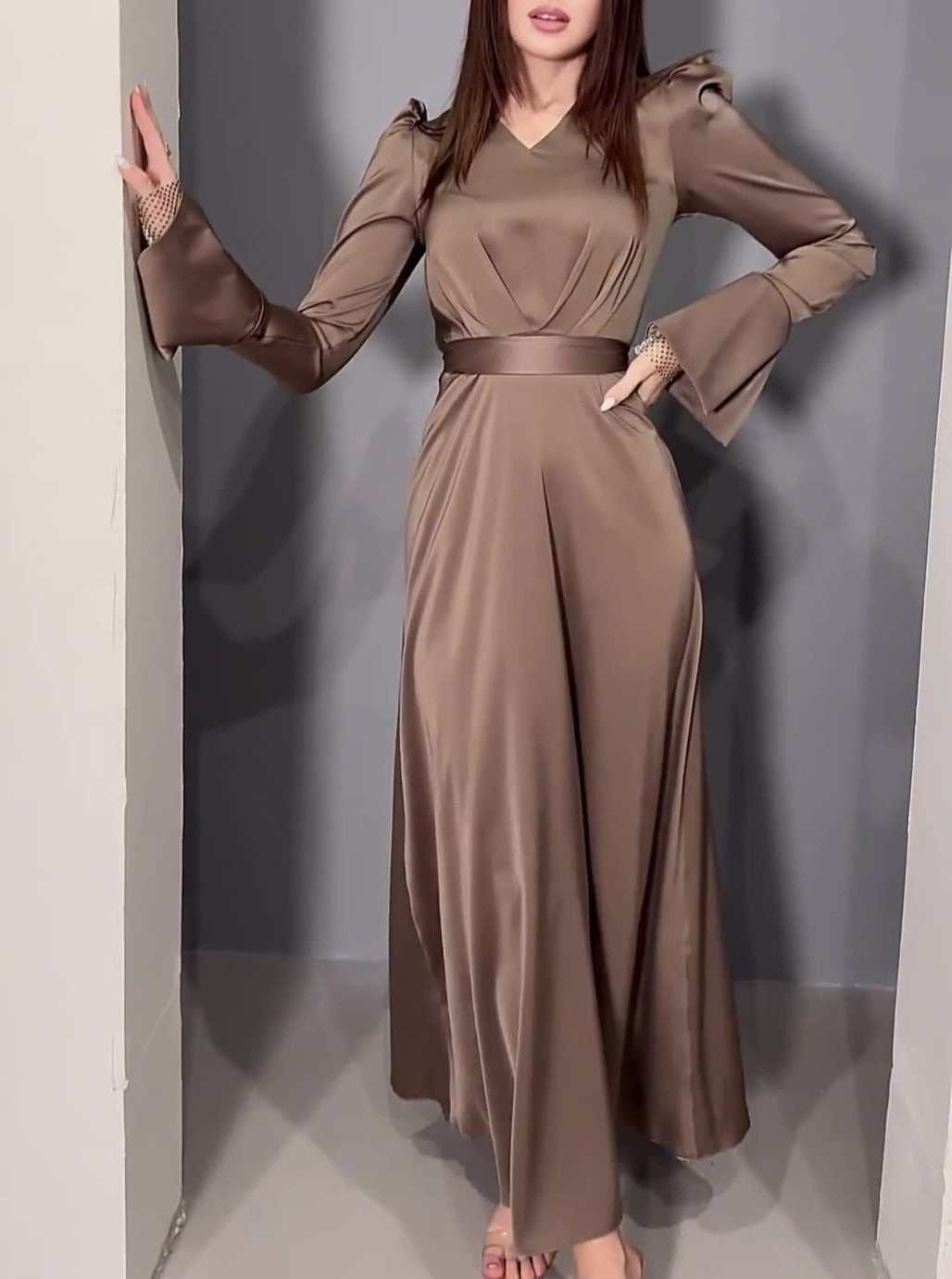Satin Puff Shoulder Sash Waist Maxi Dress - Coffee - 4