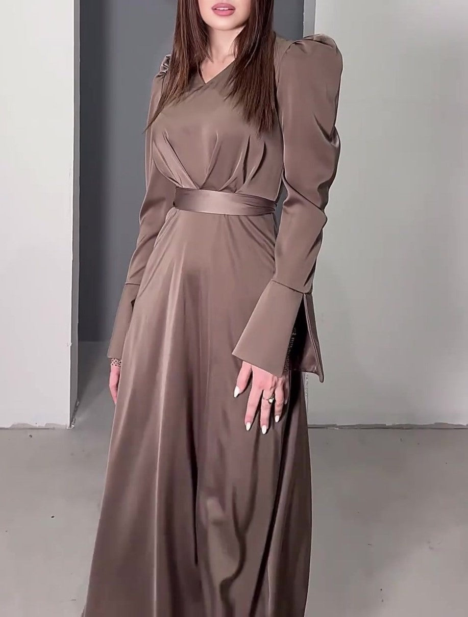 Satin Puff Shoulder Sash Waist Maxi Dress - Coffee - 5