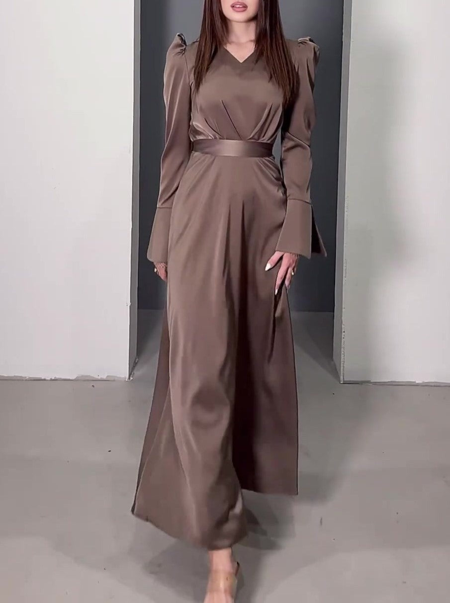 Satin Puff Shoulder Sash Waist Maxi Dress - Coffee - 6