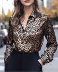 Silky Leopard Print Button-Up Blouse Shirt - Leopard