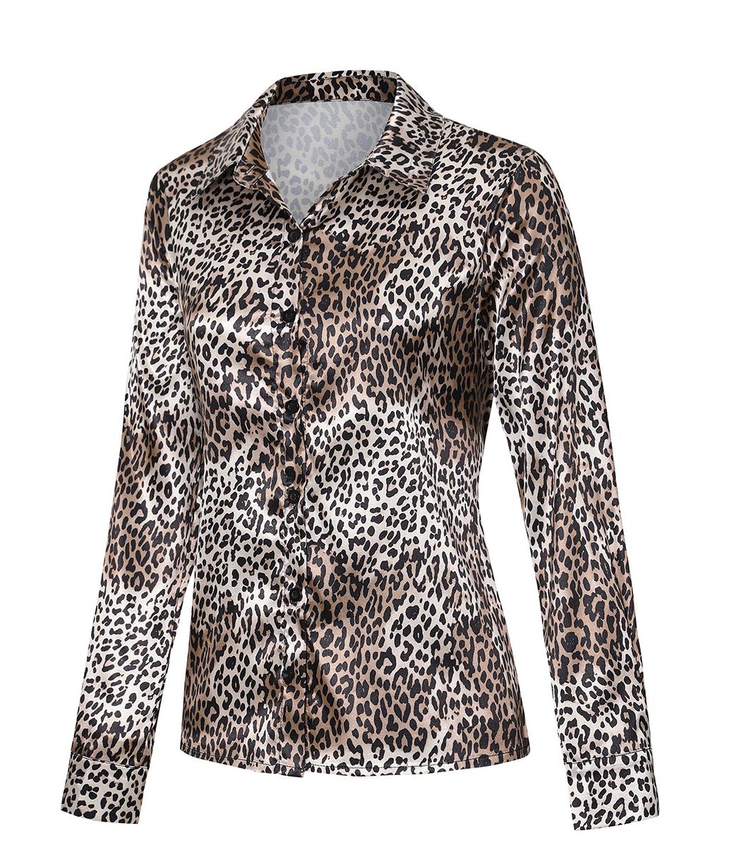 Silky Leopard Print Button-Up Blouse Shirt - Leopard - 4