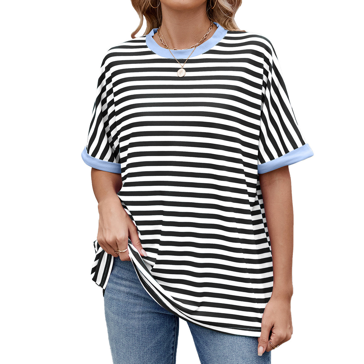 Oversized Contrast Trim Striped Tee - Color_2