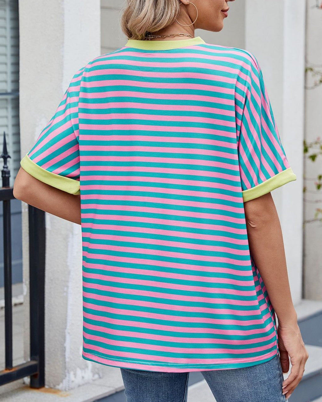 Oversized Contrast Trim Striped Tee - Color_9 - 2