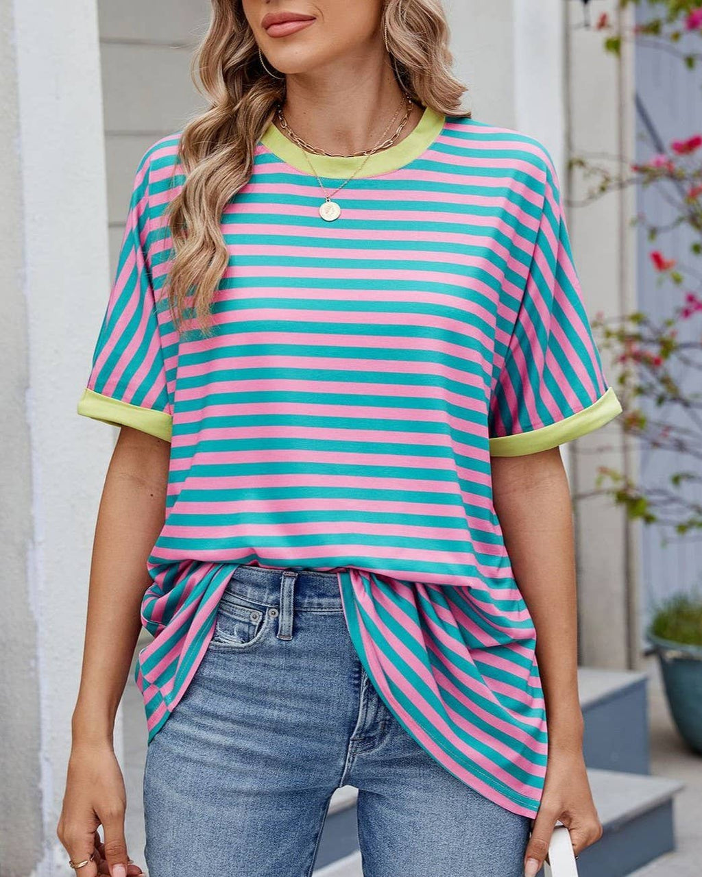 Oversized Contrast Trim Striped Tee