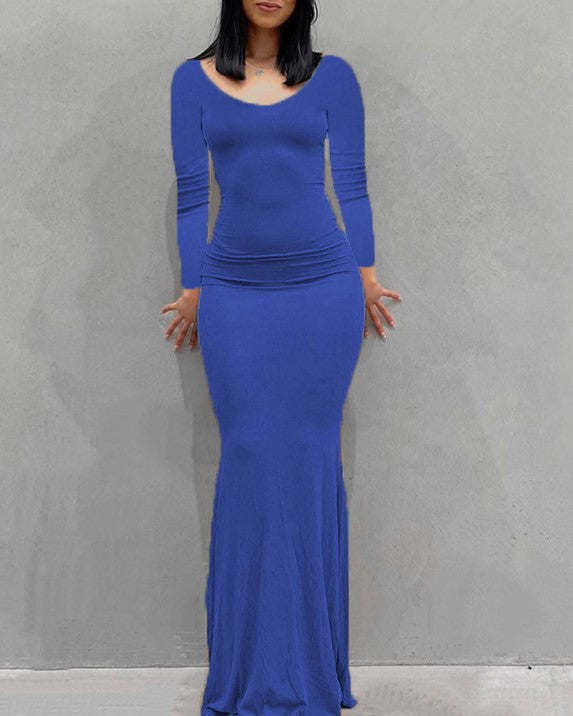 Long Sleeve Fitted Mermaid Maxi Dress - Royal blue