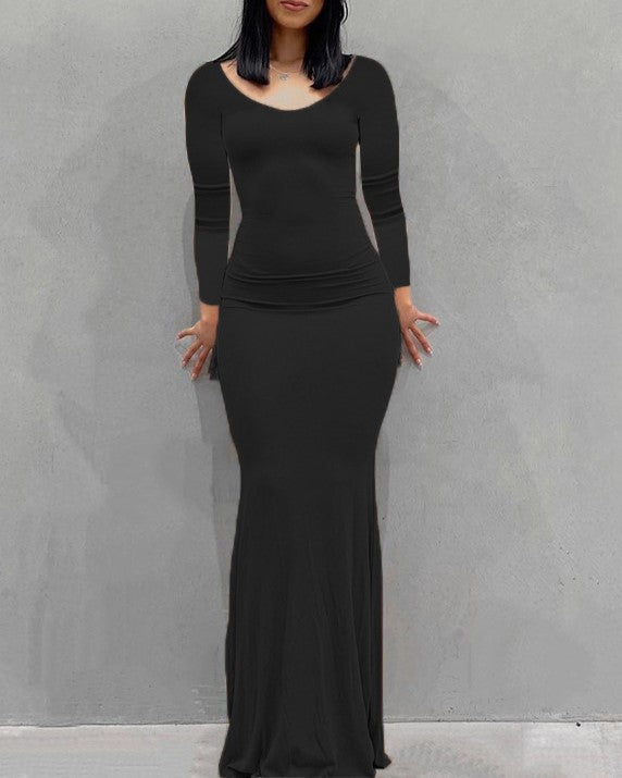 Long Sleeve Fitted Mermaid Maxi Dress - black