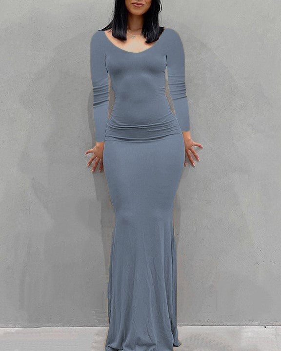 Long Sleeve Fitted Mermaid Maxi Dress - blue