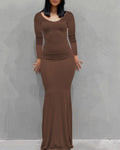 Long Sleeve Fitted Mermaid Maxi Dress - brown