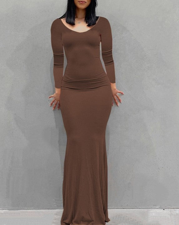 Long Sleeve Fitted Mermaid Maxi Dress - brown