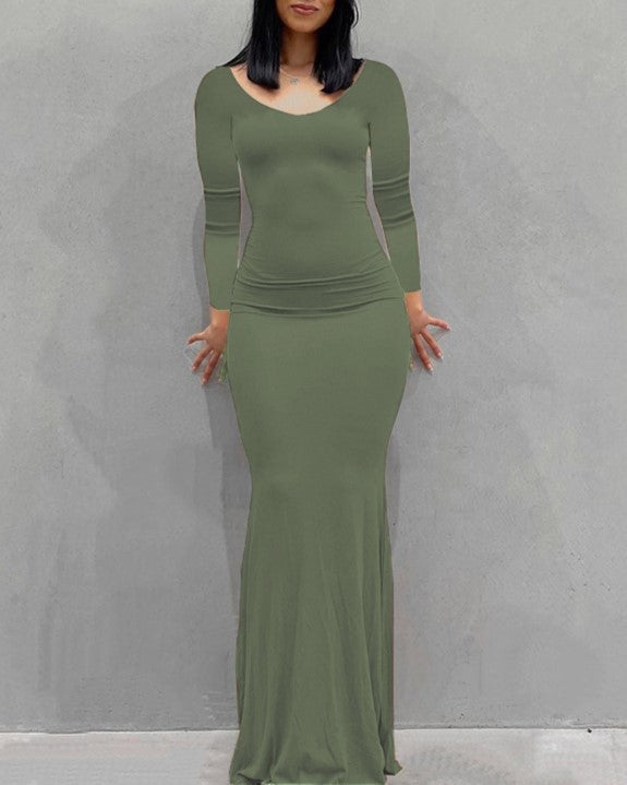 Long Sleeve Fitted Mermaid Maxi Dress - green
