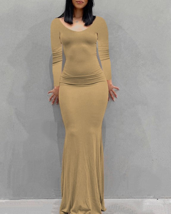 Long Sleeve Fitted Mermaid Maxi Dress - khaki