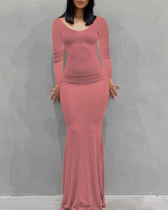 Long Sleeve Fitted Mermaid Maxi Dress - pink