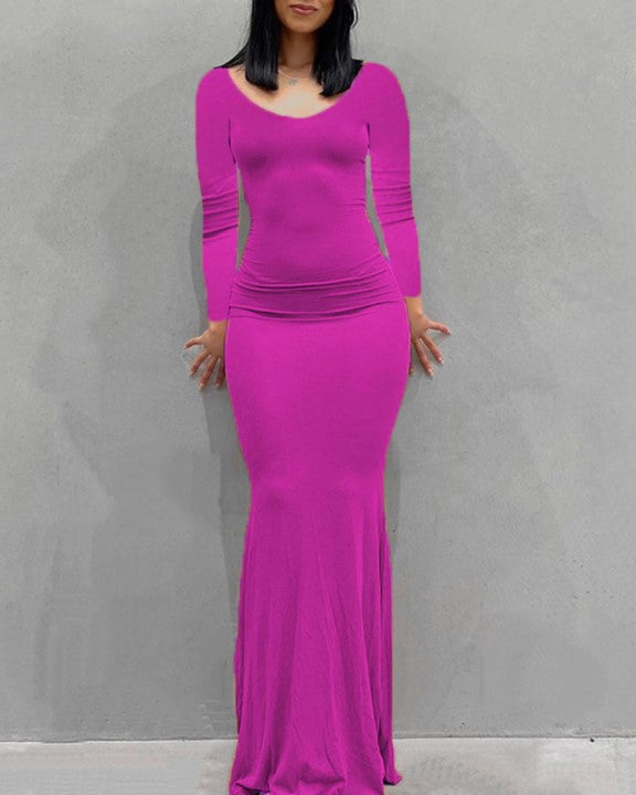 Long Sleeve Fitted Mermaid Maxi Dress - purple