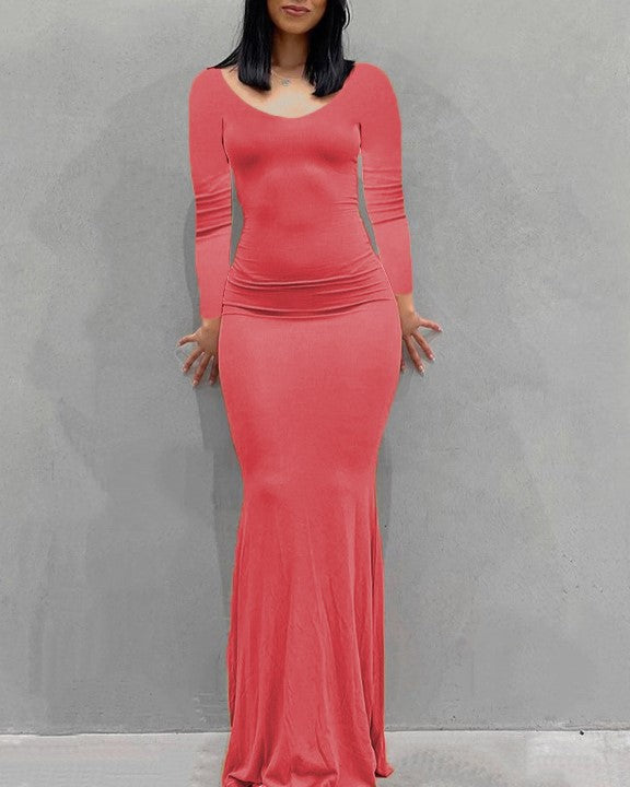 Long Sleeve Fitted Mermaid Maxi Dress - red