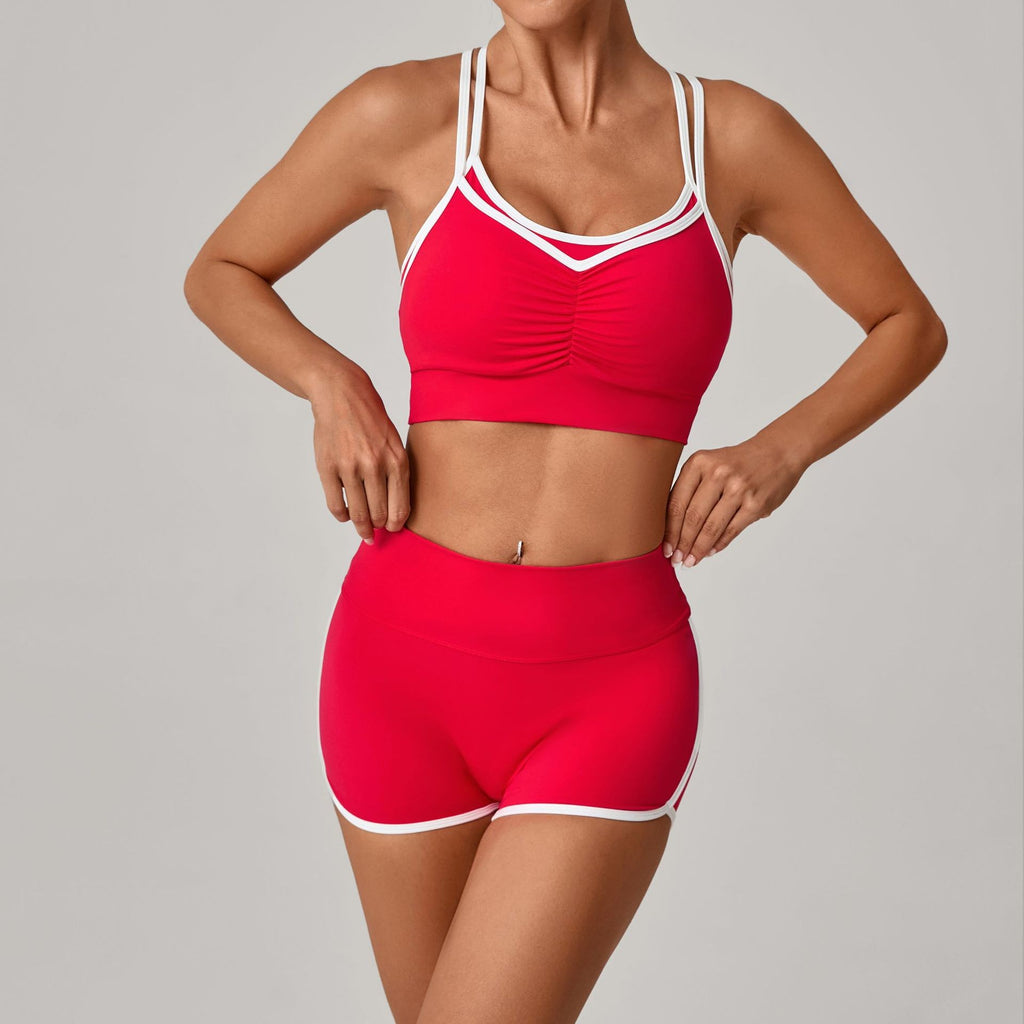 Contrast Piping Bra and Scrunch Shorts Workout Set - Red