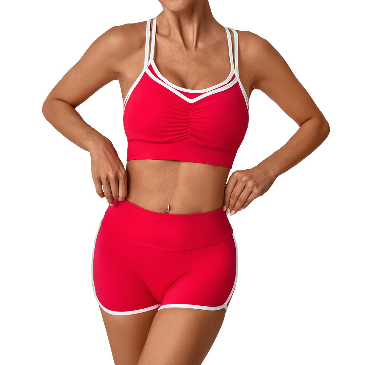 Contrast Piping Bra and Scrunch Shorts Workout Set