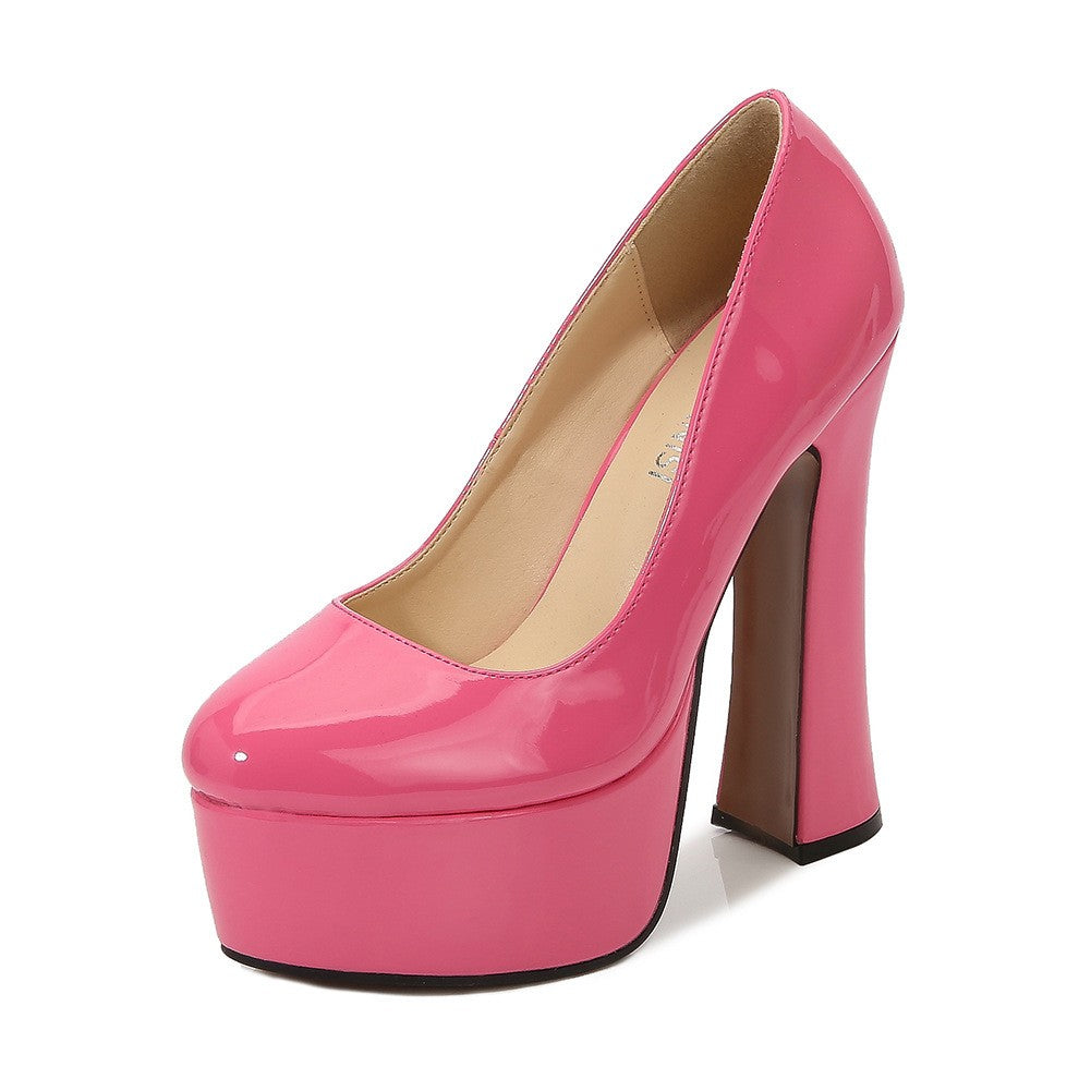 Patent Platform Chunky Block Heel Pumps - Hot Pink
