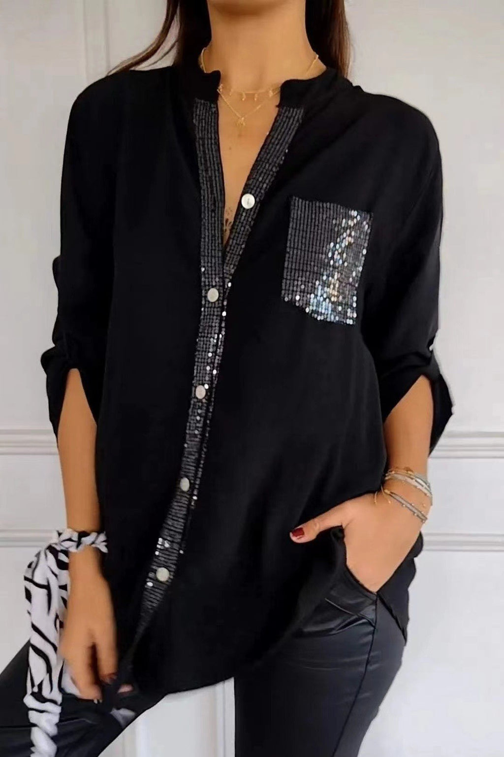 Sequin Pocket Button Up Shirt - Black