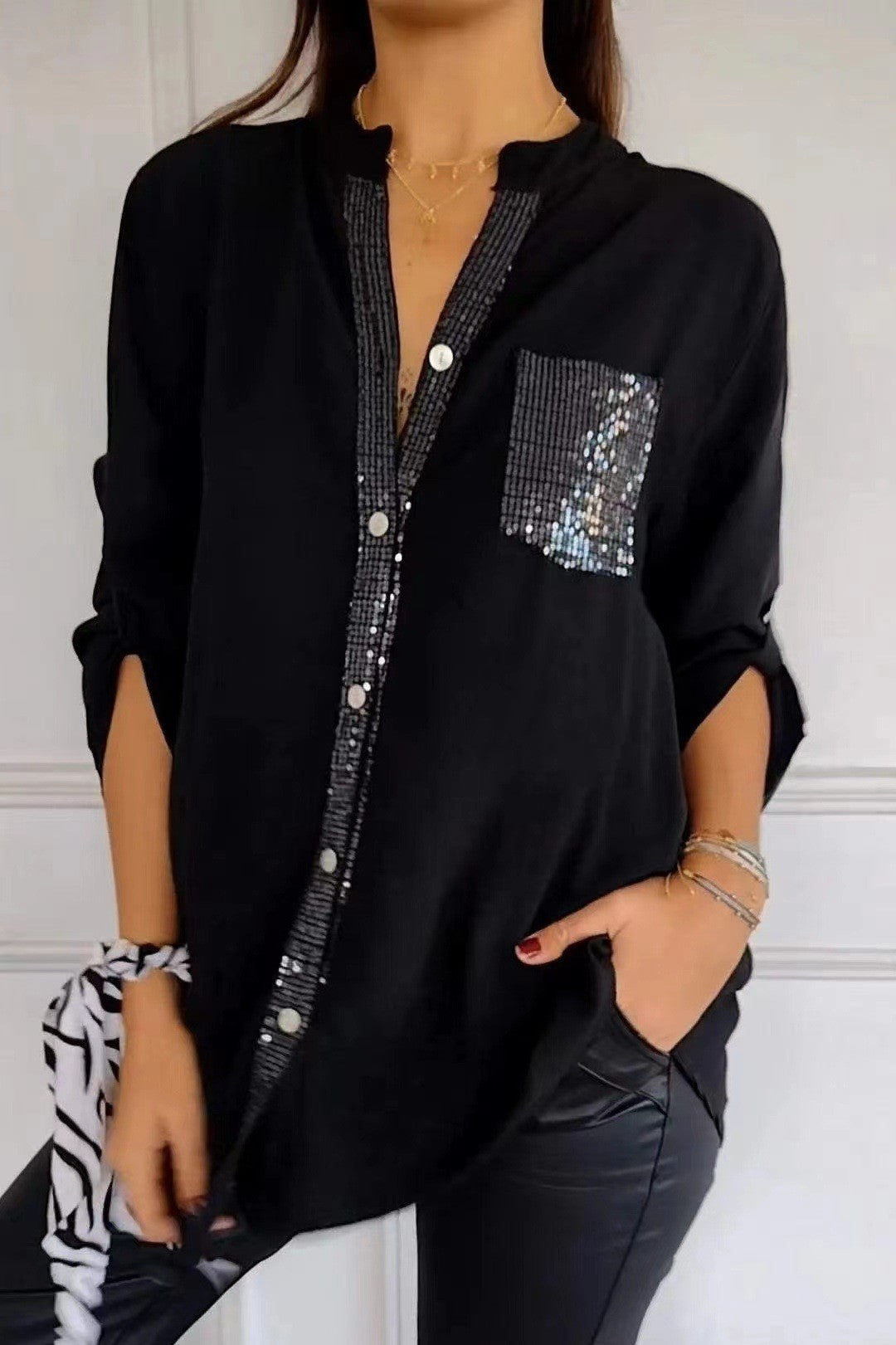 Sequin Pocket Button Up Shirt - Black