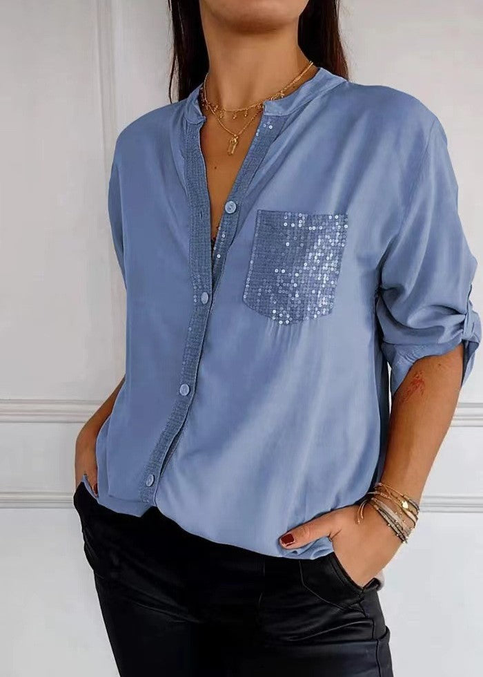 Sequin Pocket Button Up Shirt - Blue