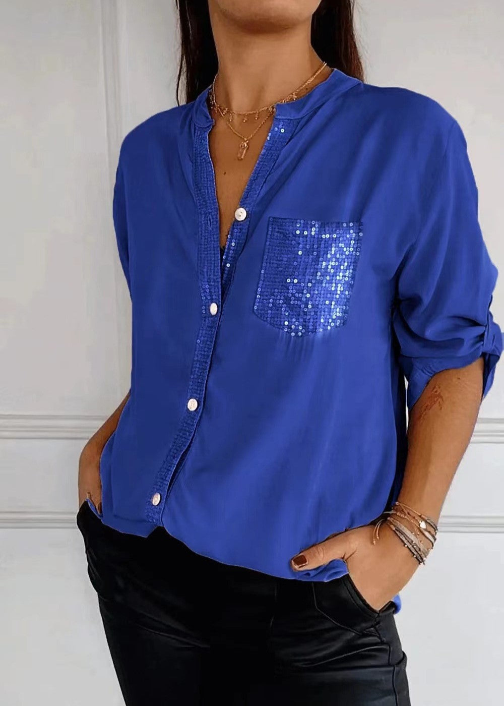 Sequin Pocket Button Up Shirt - DarkBlue