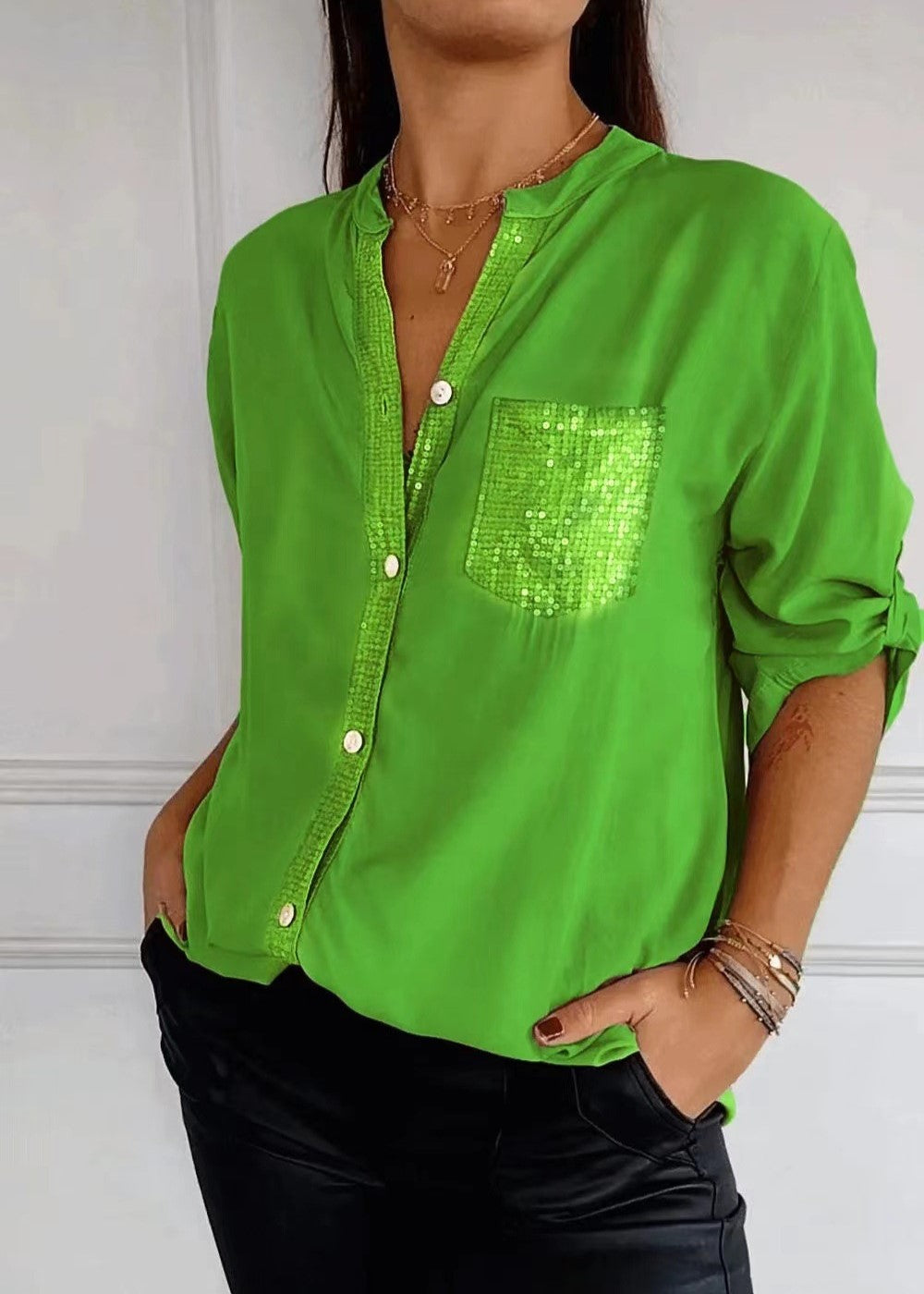 Sequin Pocket Button Up Shirt - Green