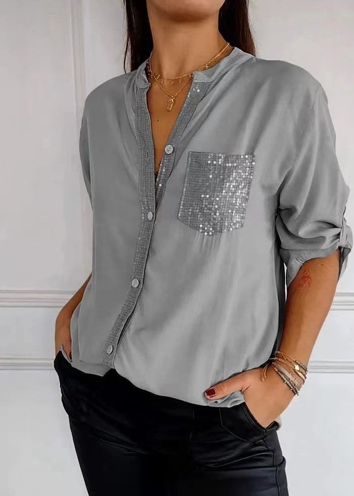 Sequin Pocket Button Up Shirt - Grey