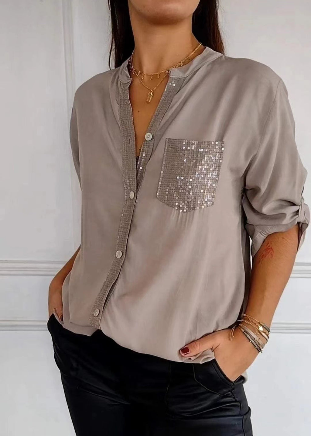 Sequin Pocket Button Up Shirt - Khaki