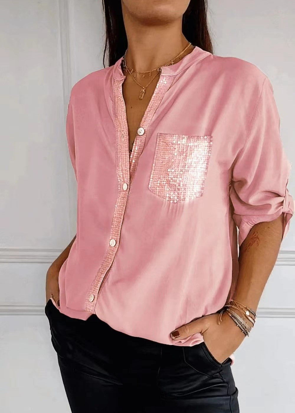 Sequin Pocket Button Up Shirt - Pink