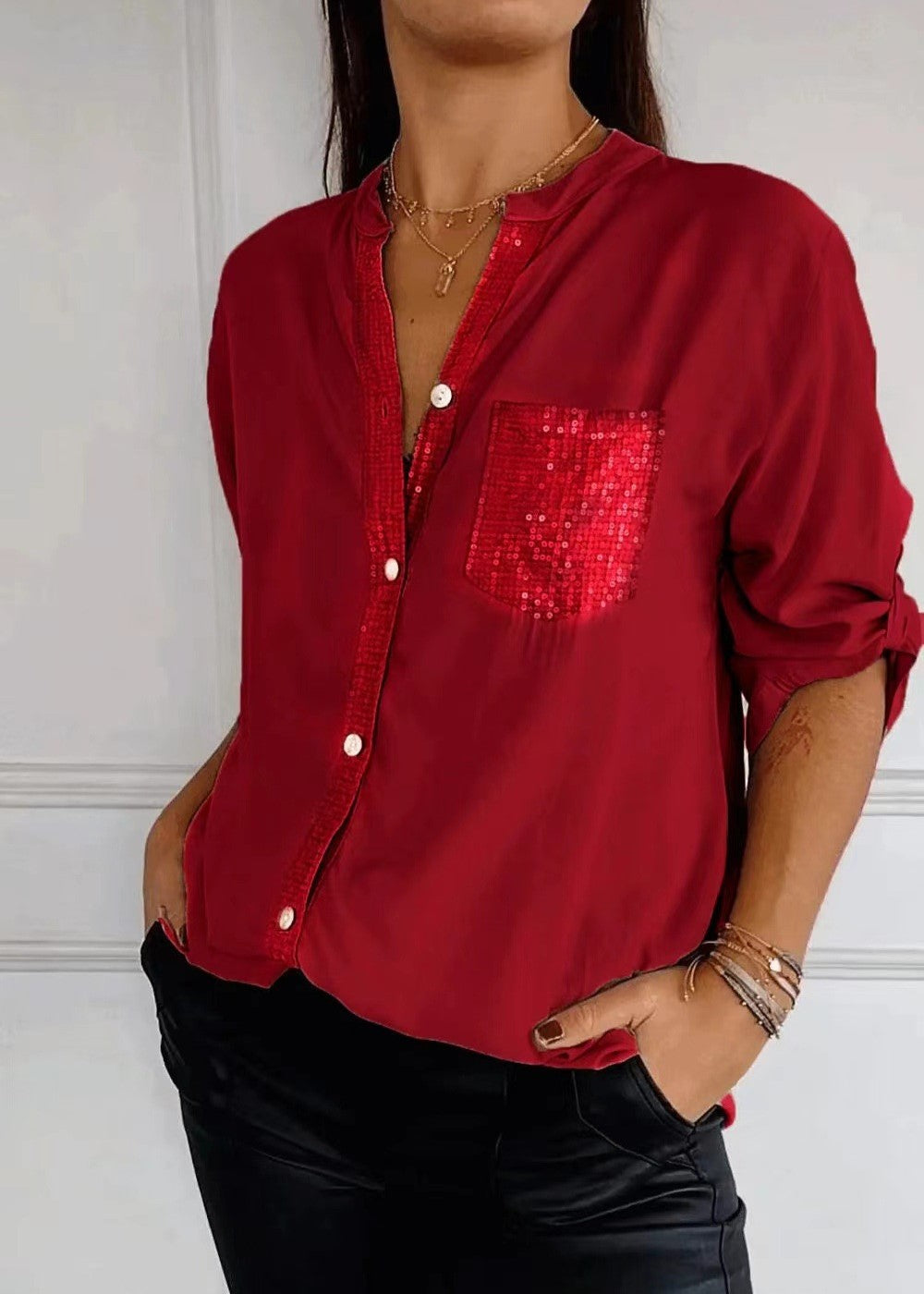 Sequin Pocket Button Up Shirt - Red